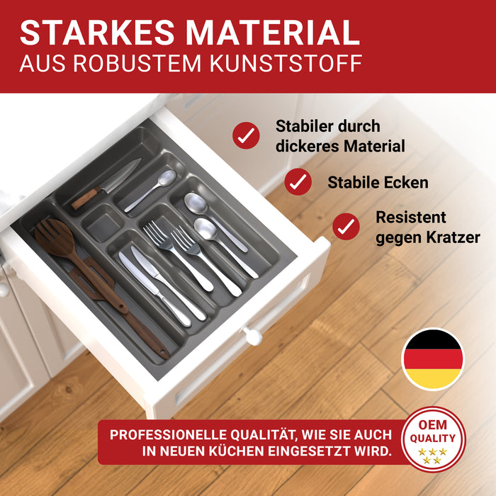 LouMaxx Besteckeinsatz für 45cm breite Schubladen - Besteckkasten 50x45 Made in Germany, basaltgrau mit 7 Fächern und stabilen Ecken - bruchfest & langlebig