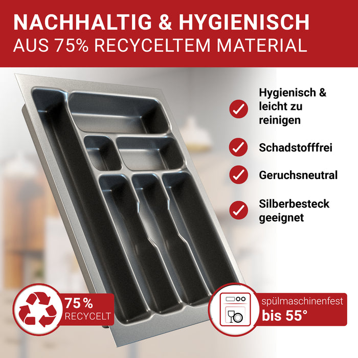 LouMaxx Besteckeinsatz für 45cm breite Schubladen - Besteckkasten 50x45 Made in Germany, basaltgrau mit 7 Fächern und stabilen Ecken - bruchfest & langlebig