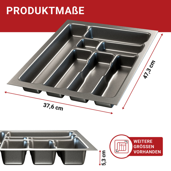 LouMaxx Besteckeinsatz für 45cm breite Schubladen - Besteckkasten 50x45 Made in Germany, basaltgrau mit 7 Fächern und stabilen Ecken - bruchfest & langlebig