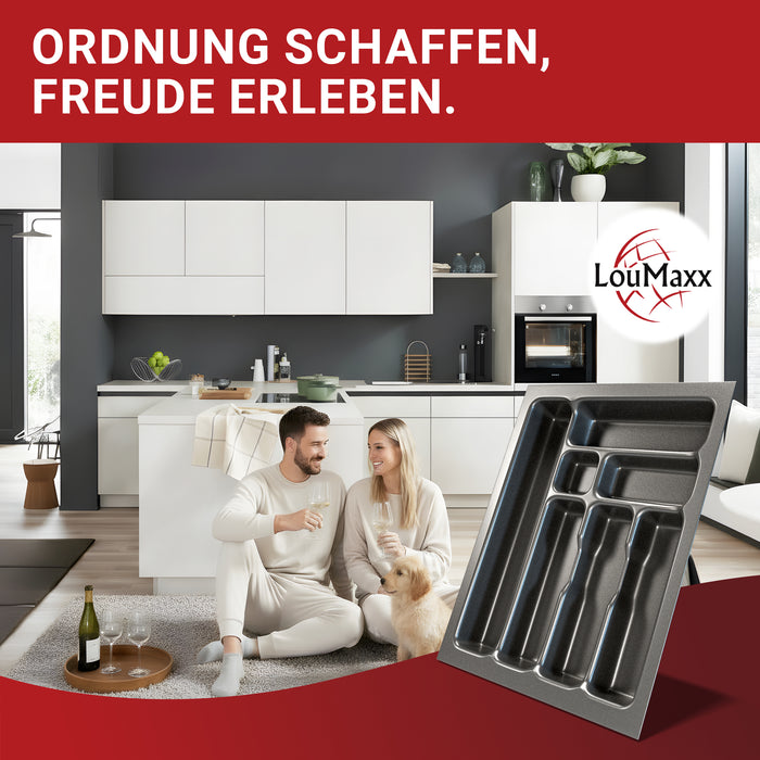 LouMaxx Besteckeinsatz für 45cm breite Schubladen - Besteckkasten 50x45 Made in Germany, basaltgrau mit 7 Fächern und stabilen Ecken - bruchfest & langlebig
