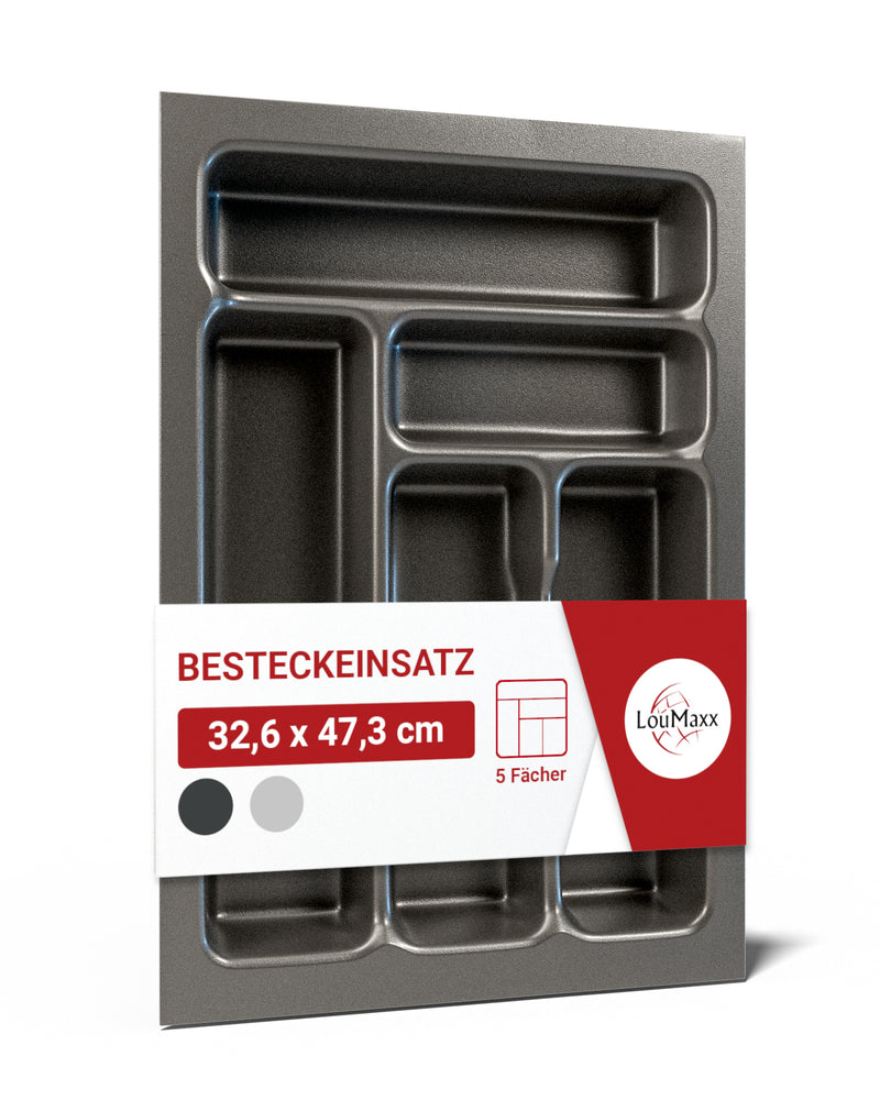 LouMaxx Besteckeinsatz für 40cm breite Schubladen - Besteckkasten 50x40 Made in Germany, basaltgrau mit 5 Fächern und stabilen Ecken - bruchfest & langlebig