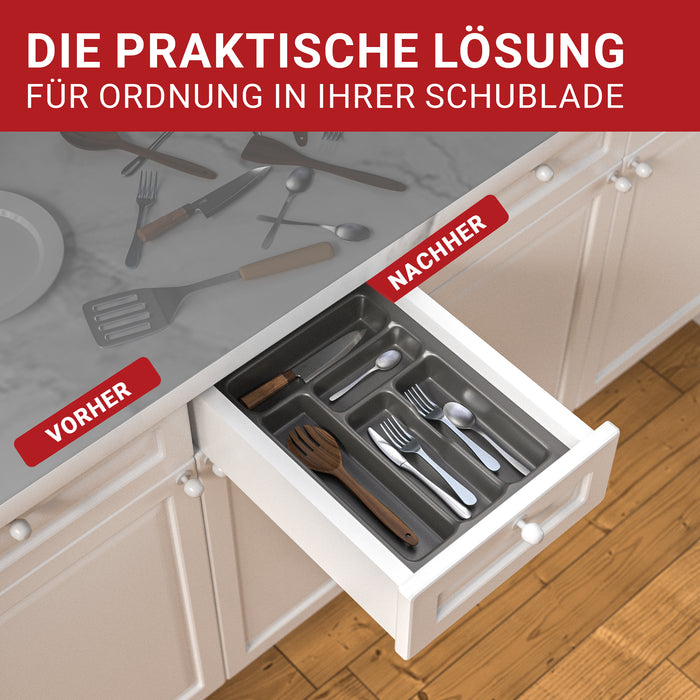 LouMaxx Besteckeinsatz für 40cm breite Schubladen - Besteckkasten 50x40 Made in Germany, basaltgrau mit 5 Fächern und stabilen Ecken - bruchfest & langlebig