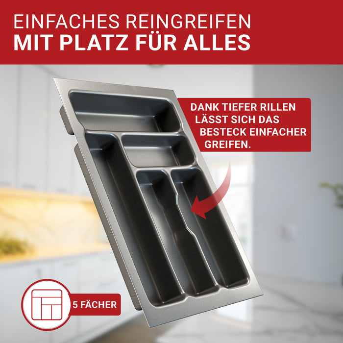 LouMaxx Besteckeinsatz für 40cm breite Schubladen - Besteckkasten 50x40 Made in Germany, basaltgrau mit 5 Fächern und stabilen Ecken - bruchfest & langlebig