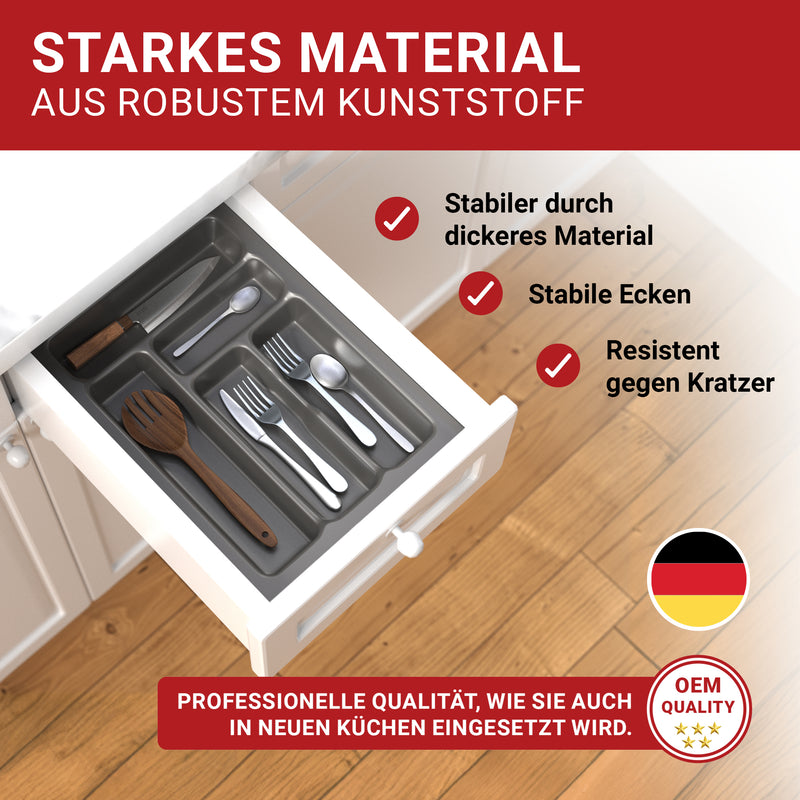LouMaxx Besteckeinsatz für 40cm breite Schubladen - Besteckkasten 50x40 Made in Germany, basaltgrau mit 5 Fächern und stabilen Ecken - bruchfest & langlebig