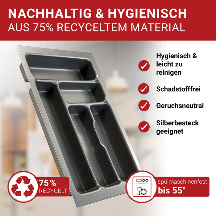 LouMaxx Besteckeinsatz für 40cm breite Schubladen - Besteckkasten 50x40 Made in Germany, basaltgrau mit 5 Fächern und stabilen Ecken - bruchfest & langlebig