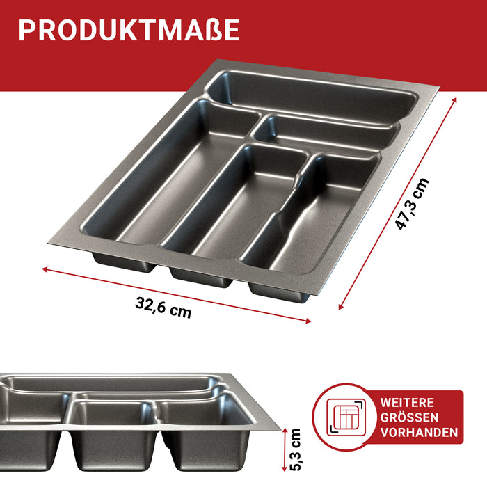 LouMaxx Besteckeinsatz für 40cm breite Schubladen - Besteckkasten 50x40 Made in Germany, basaltgrau mit 5 Fächern und stabilen Ecken - bruchfest & langlebig