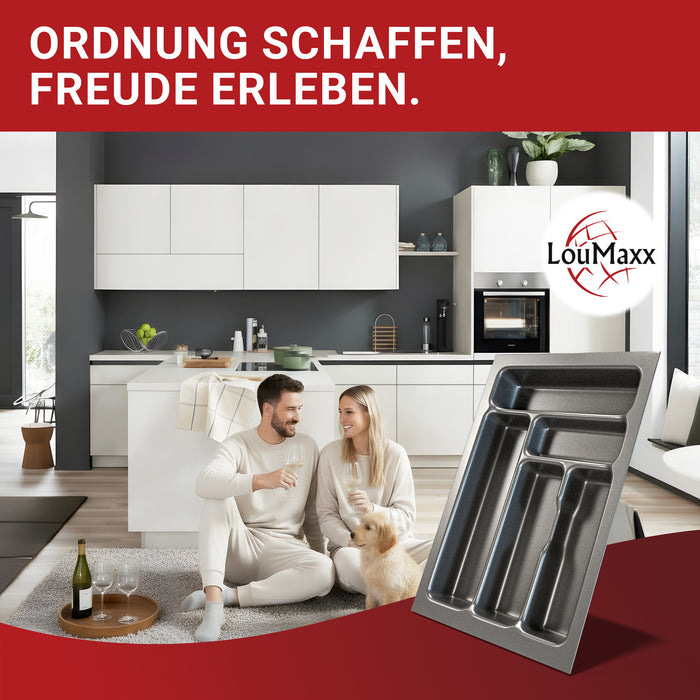 LouMaxx Besteckeinsatz für 40cm breite Schubladen - Besteckkasten 50x40 Made in Germany, basaltgrau mit 5 Fächern und stabilen Ecken - bruchfest & langlebig