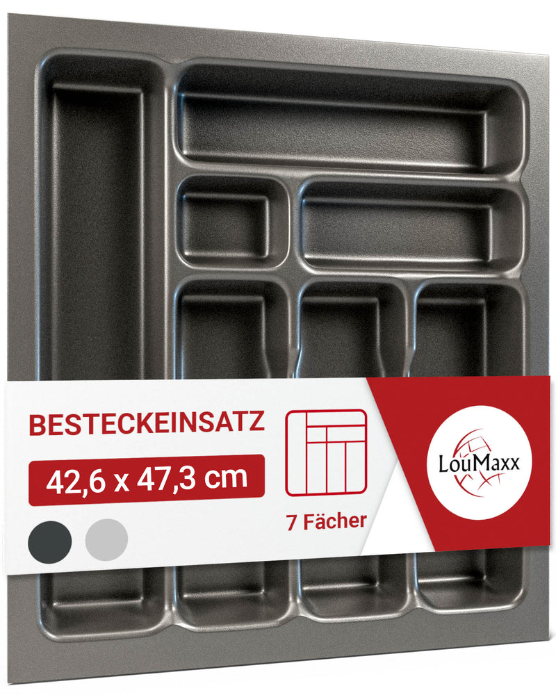 LouMaxx Besteckeinsatz für 50cm breite Schubladen - Besteckkasten 50x50 Made in Germany, basaltgrau mit 7 Fächern und stabilen Ecken - bruchfest & langlebig