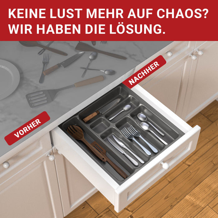 LouMaxx Besteckeinsatz für 50cm breite Schubladen - Besteckkasten 50x50 Made in Germany, basaltgrau mit 7 Fächern und stabilen Ecken - bruchfest & langlebig