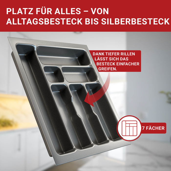 LouMaxx Besteckeinsatz für 50cm breite Schubladen - Besteckkasten 50x50 Made in Germany, basaltgrau mit 7 Fächern und stabilen Ecken - bruchfest & langlebig