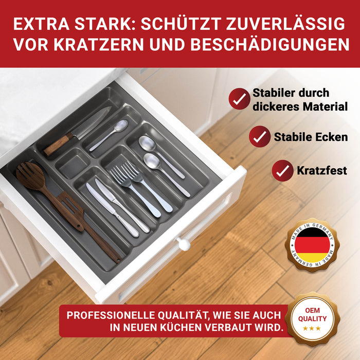 LouMaxx Besteckeinsatz für 50cm breite Schubladen - Besteckkasten 50x50 Made in Germany, basaltgrau mit 7 Fächern und stabilen Ecken - bruchfest & langlebig