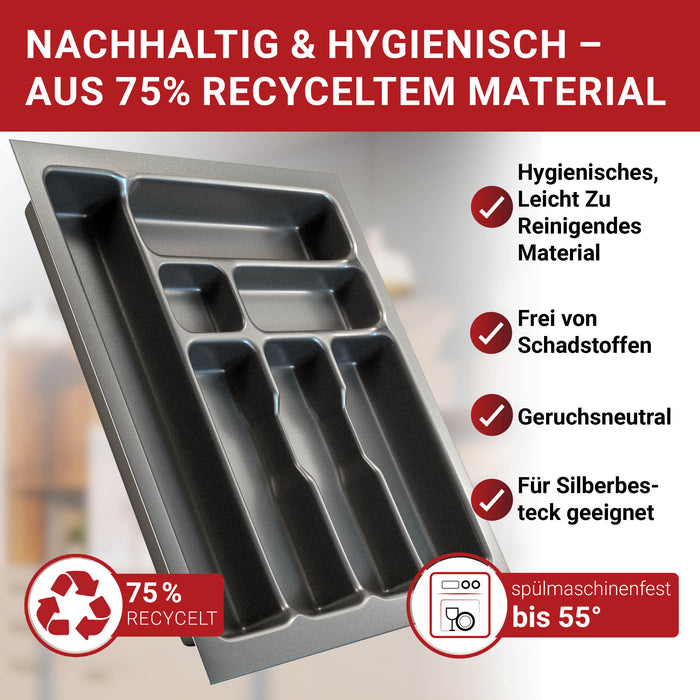 LouMaxx Besteckeinsatz für 50cm breite Schubladen - Besteckkasten 50x50 Made in Germany, basaltgrau mit 7 Fächern und stabilen Ecken - bruchfest & langlebig