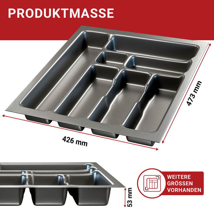 LouMaxx Besteckeinsatz für 50cm breite Schubladen - Besteckkasten 50x50 Made in Germany, basaltgrau mit 7 Fächern und stabilen Ecken - bruchfest & langlebig