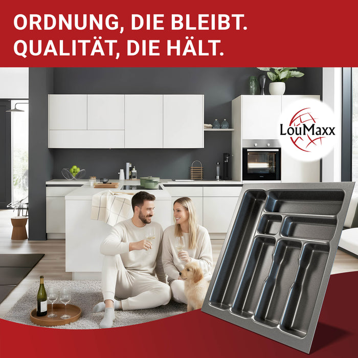 LouMaxx Besteckeinsatz für 50cm breite Schubladen - Besteckkasten 50x50 Made in Germany, basaltgrau mit 7 Fächern und stabilen Ecken - bruchfest & langlebig