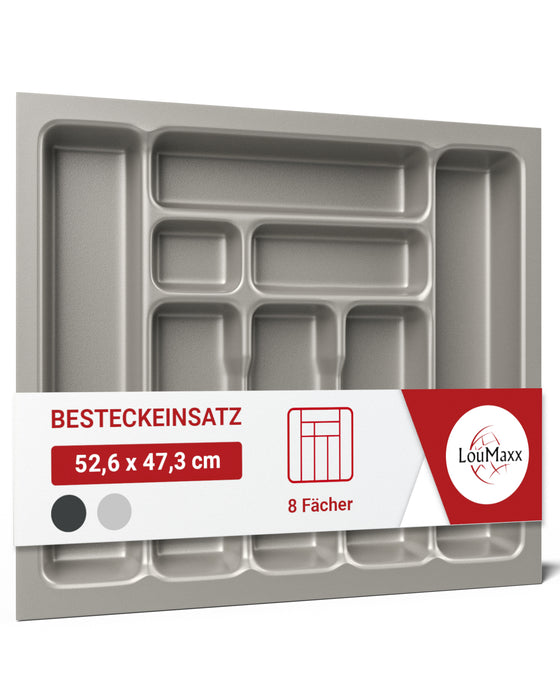 LouMaxx Besteckeinsatz für 60cm breite Schubladen - Besteckkasten 50x60 Made in Germany, silbergrau mit 8 Fächern und stabilen Ecken - bruchfest & langlebig
