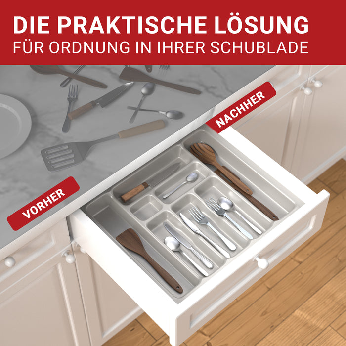 LouMaxx Besteckeinsatz für 60cm breite Schubladen - Besteckkasten 50x60 Made in Germany, silbergrau mit 8 Fächern und stabilen Ecken - bruchfest & langlebig