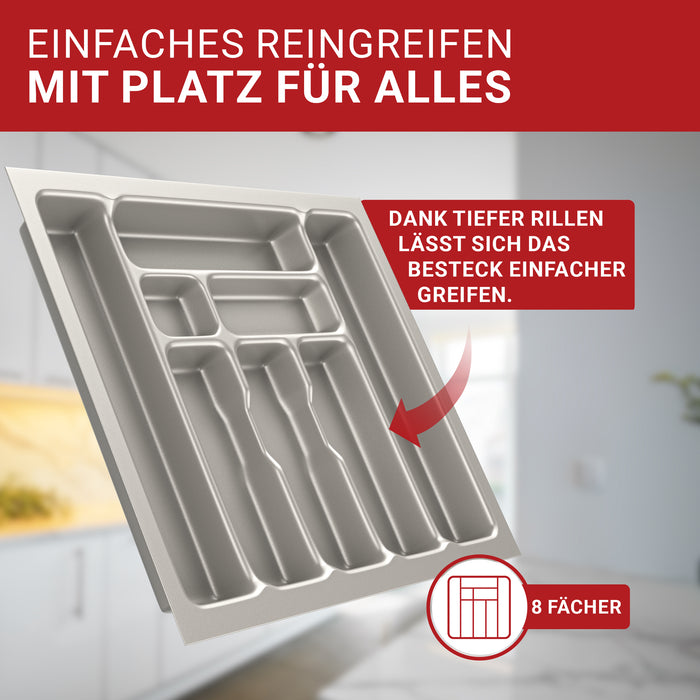 LouMaxx Besteckeinsatz für 60cm breite Schubladen - Besteckkasten 50x60 Made in Germany, silbergrau mit 8 Fächern und stabilen Ecken - bruchfest & langlebig