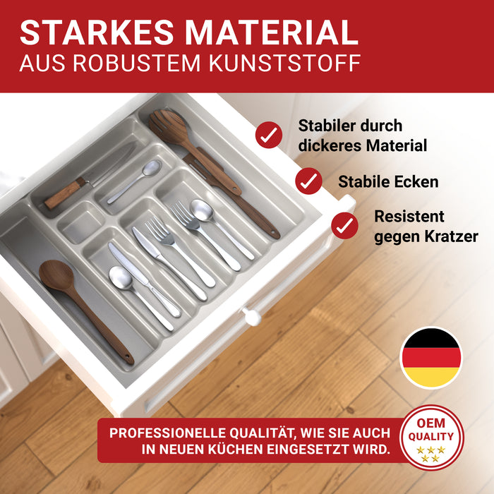 LouMaxx Besteckeinsatz für 60cm breite Schubladen - Besteckkasten 50x60 Made in Germany, silbergrau mit 8 Fächern und stabilen Ecken - bruchfest & langlebig