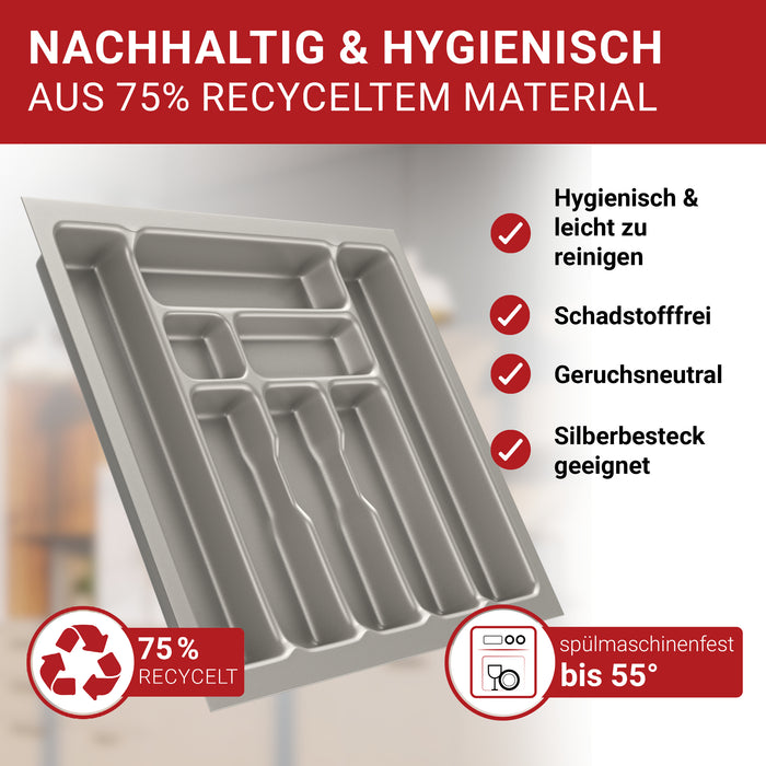 LouMaxx Besteckeinsatz für 60cm breite Schubladen - Besteckkasten 50x60 Made in Germany, silbergrau mit 8 Fächern und stabilen Ecken - bruchfest & langlebig