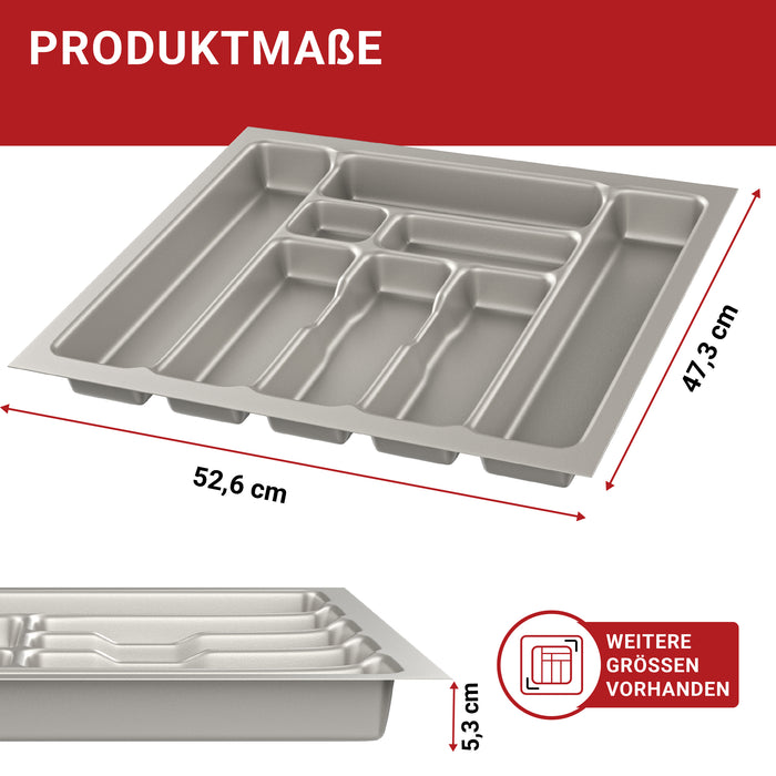 LouMaxx Besteckeinsatz für 60cm breite Schubladen - Besteckkasten 50x60 Made in Germany, silbergrau mit 8 Fächern und stabilen Ecken - bruchfest & langlebig