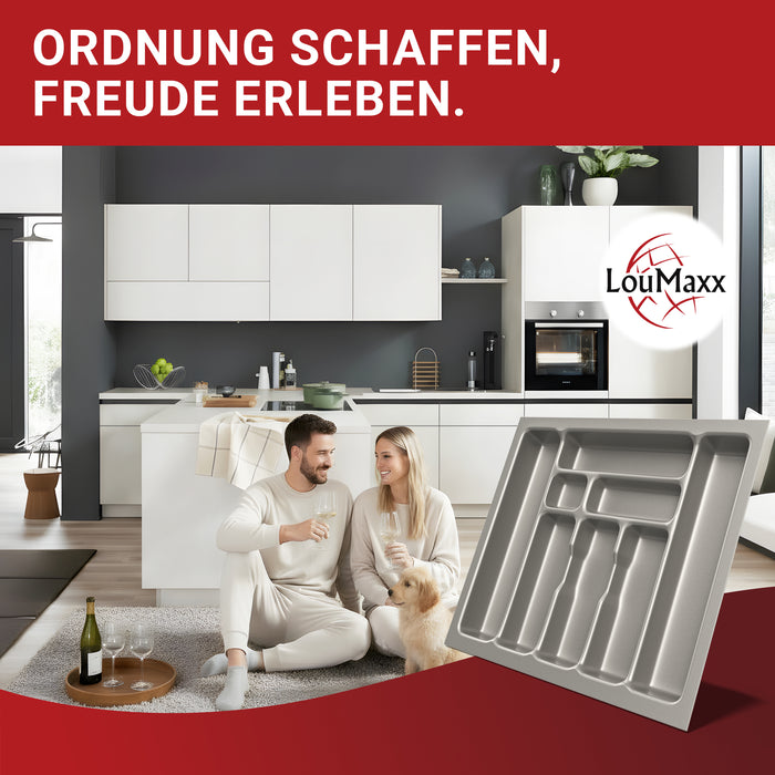 LouMaxx Besteckeinsatz für 60cm breite Schubladen - Besteckkasten 50x60 Made in Germany, silbergrau mit 8 Fächern und stabilen Ecken - bruchfest & langlebig
