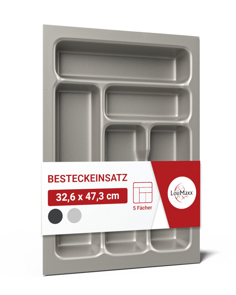 LouMaxx Besteckeinsatz für 40cm breite Schubladen - Besteckkasten 50x40 Made in Germany, silbergrau mit 5 Fächern und stabilen Ecken - bruchfest & langlebig
