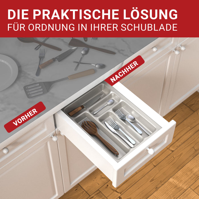 LouMaxx Besteckeinsatz für 40cm breite Schubladen - Besteckkasten 50x40 Made in Germany, silbergrau mit 5 Fächern und stabilen Ecken - bruchfest & langlebig