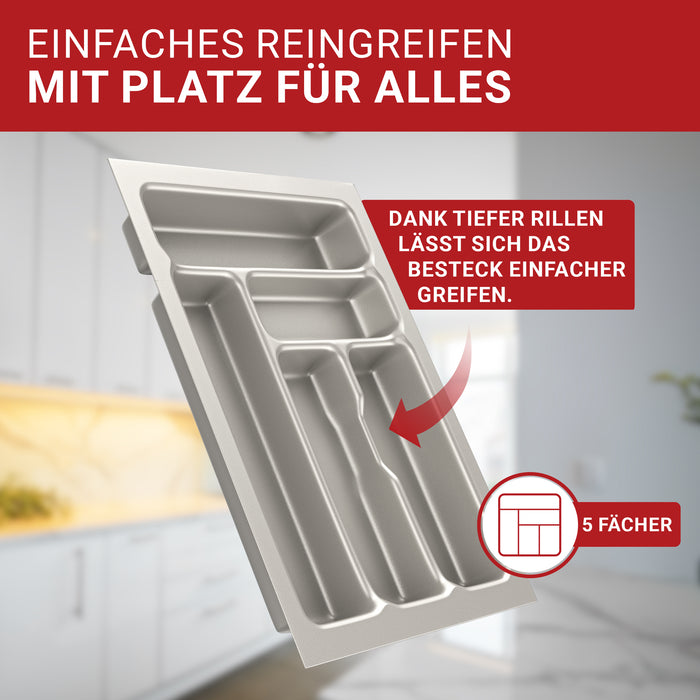 LouMaxx Besteckeinsatz für 40cm breite Schubladen - Besteckkasten 50x40 Made in Germany, silbergrau mit 5 Fächern und stabilen Ecken - bruchfest & langlebig
