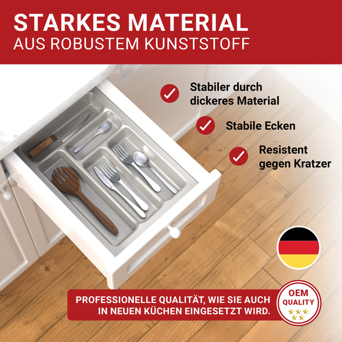 LouMaxx Besteckeinsatz für 40cm breite Schubladen - Besteckkasten 50x40 Made in Germany, silbergrau mit 5 Fächern und stabilen Ecken - bruchfest & langlebig