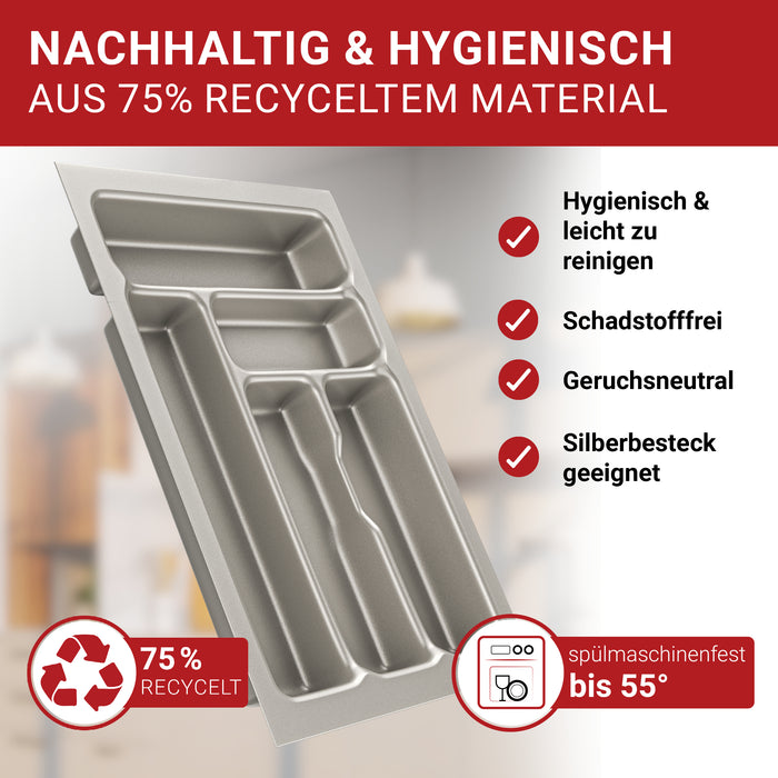 LouMaxx Besteckeinsatz für 40cm breite Schubladen - Besteckkasten 50x40 Made in Germany, silbergrau mit 5 Fächern und stabilen Ecken - bruchfest & langlebig