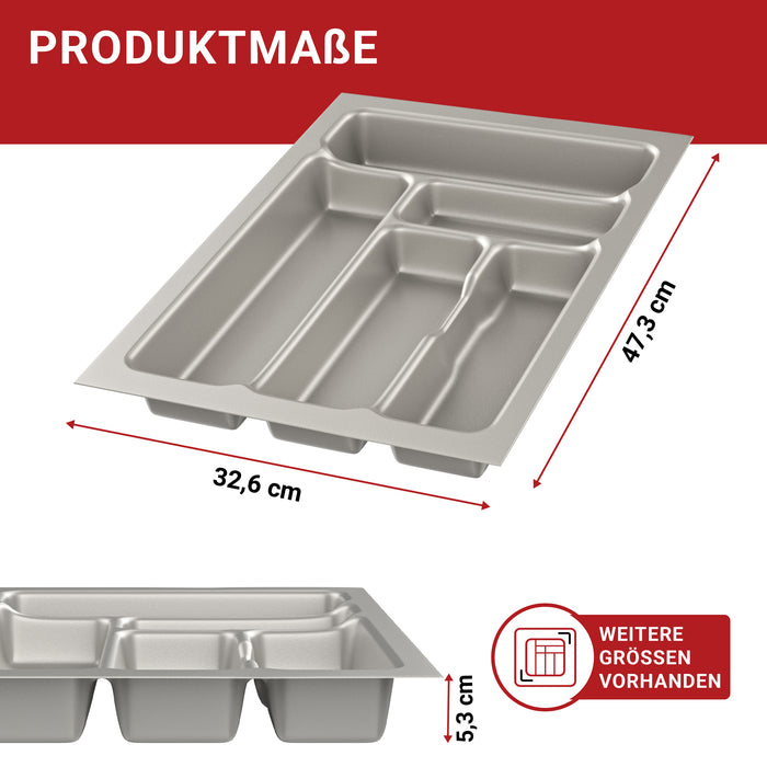 LouMaxx Besteckeinsatz für 40cm breite Schubladen - Besteckkasten 50x40 Made in Germany, silbergrau mit 5 Fächern und stabilen Ecken - bruchfest & langlebig