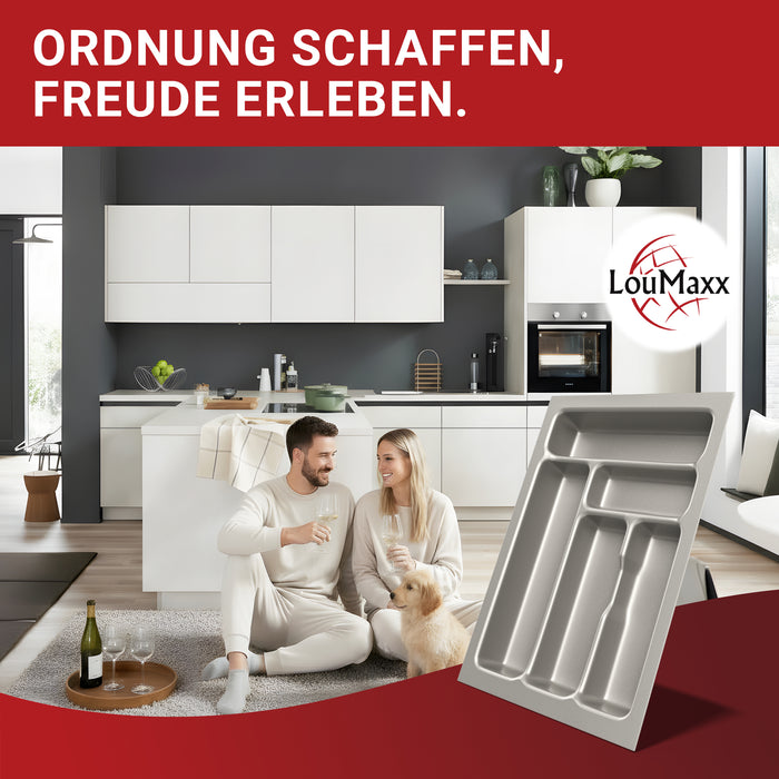 LouMaxx Besteckeinsatz für 40cm breite Schubladen - Besteckkasten 50x40 Made in Germany, silbergrau mit 5 Fächern und stabilen Ecken - bruchfest & langlebig