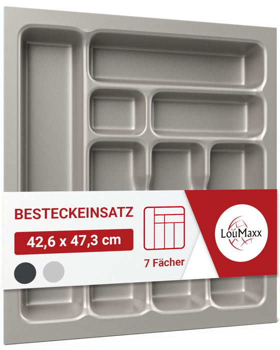 LouMaxx Besteckeinsatz für 50cm breite Schubladen - Besteckkasten 50x50 Made in Germany, silbergrau mit 7 Fächern und stabilen Ecken - bruchfest & langlebig