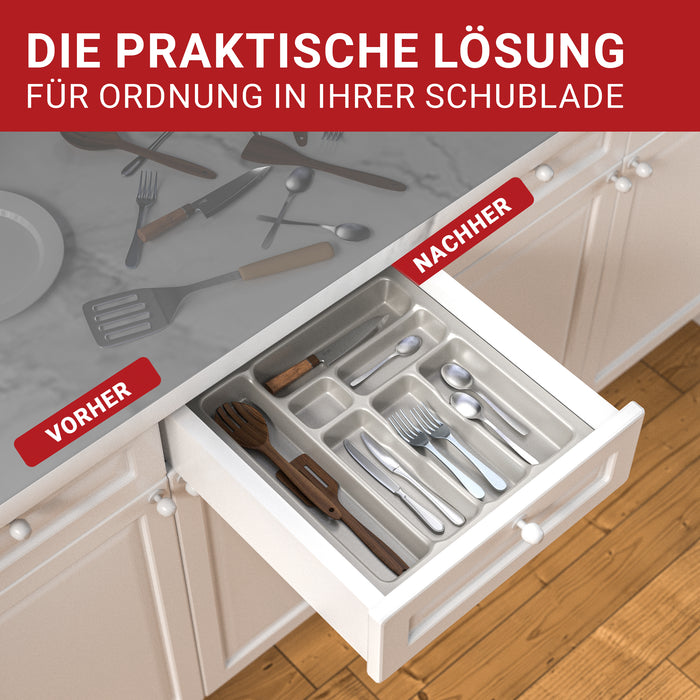 LouMaxx Besteckeinsatz für 50cm breite Schubladen - Besteckkasten 50x50 Made in Germany, silbergrau mit 7 Fächern und stabilen Ecken - bruchfest & langlebig