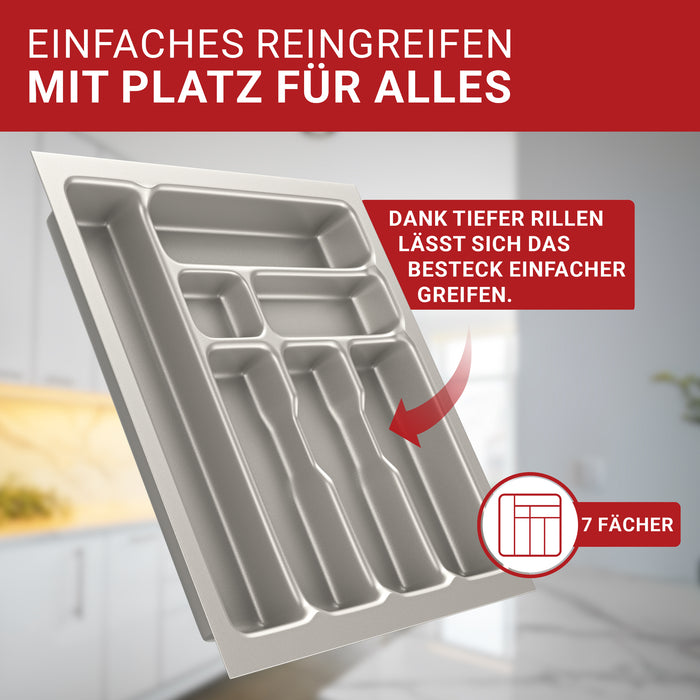 LouMaxx Besteckeinsatz für 50cm breite Schubladen - Besteckkasten 50x50 Made in Germany, silbergrau mit 7 Fächern und stabilen Ecken - bruchfest & langlebig