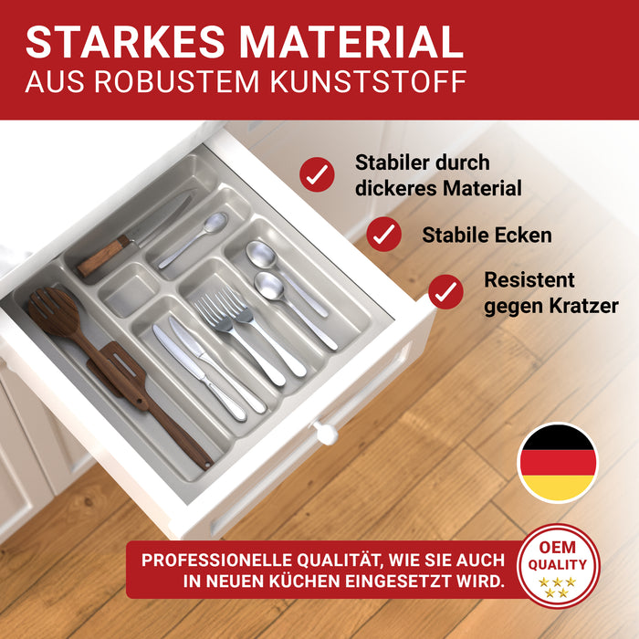 LouMaxx Besteckeinsatz für 50cm breite Schubladen - Besteckkasten 50x50 Made in Germany, silbergrau mit 7 Fächern und stabilen Ecken - bruchfest & langlebig