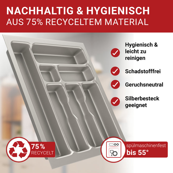 LouMaxx Besteckeinsatz für 50cm breite Schubladen - Besteckkasten 50x50 Made in Germany, silbergrau mit 7 Fächern und stabilen Ecken - bruchfest & langlebig