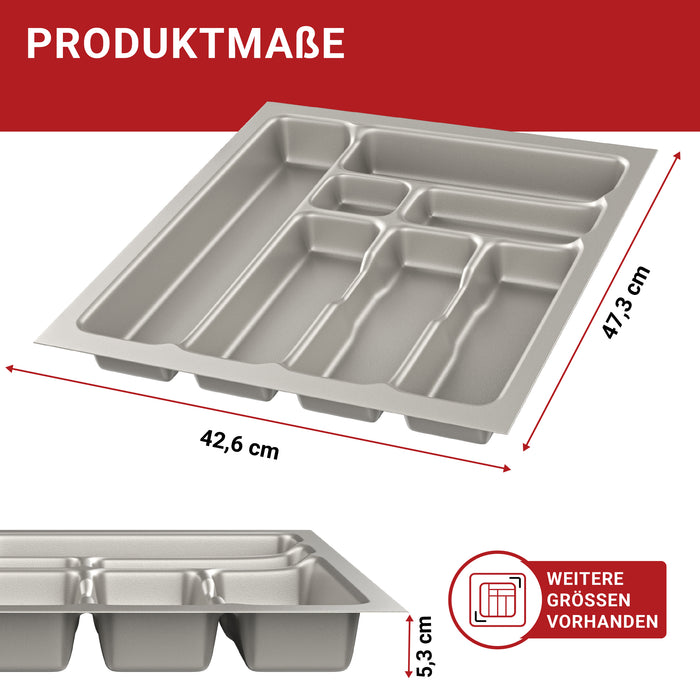 LouMaxx Besteckeinsatz für 50cm breite Schubladen - Besteckkasten 50x50 Made in Germany, silbergrau mit 7 Fächern und stabilen Ecken - bruchfest & langlebig