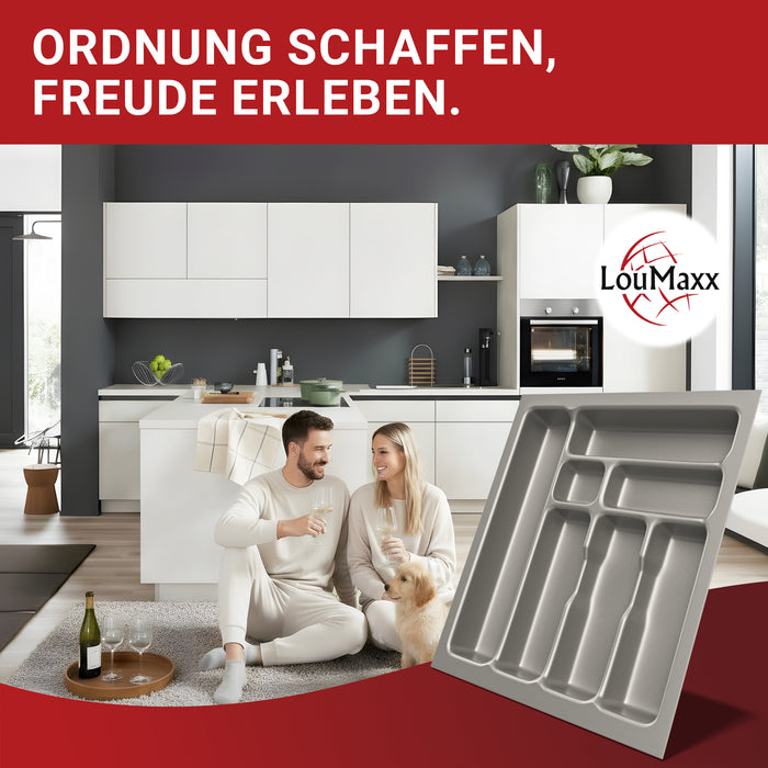 LouMaxx Besteckeinsatz für 50cm breite Schubladen - Besteckkasten 50x50 Made in Germany, silbergrau mit 7 Fächern und stabilen Ecken - bruchfest & langlebig
