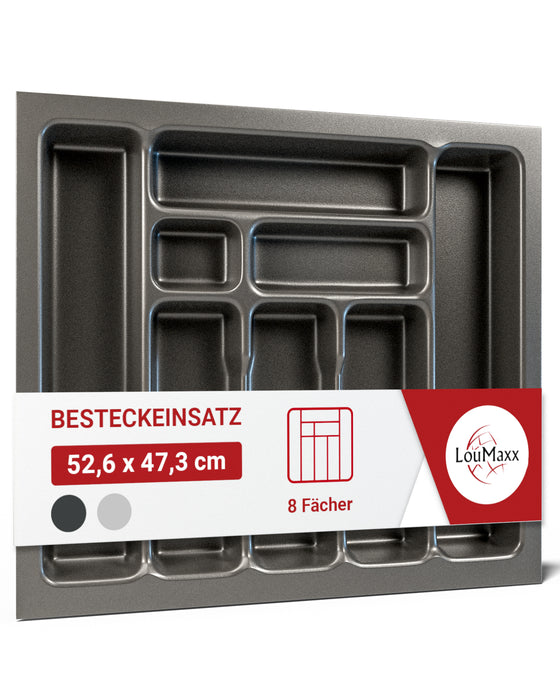LouMaxx Besteckeinsatz für 60cm breite Schubladen - Besteckkasten 50x60 Made in Germany, basaltgrau mit 8 Fächern und stabilen Ecken - bruchfest & langlebig