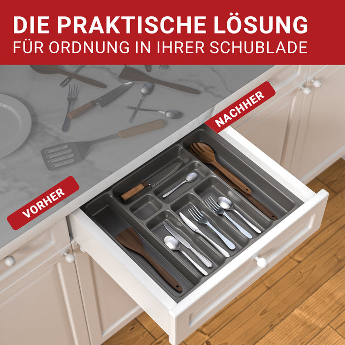 LouMaxx Besteckeinsatz für 60cm breite Schubladen - Besteckkasten 50x60 Made in Germany, basaltgrau mit 8 Fächern und stabilen Ecken - bruchfest & langlebig