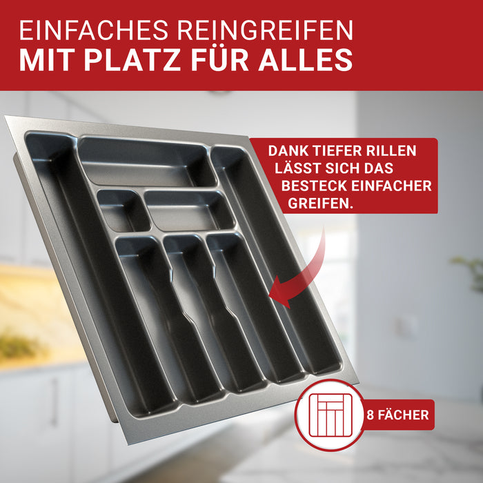 LouMaxx Besteckeinsatz für 60cm breite Schubladen - Besteckkasten 50x60 Made in Germany, basaltgrau mit 8 Fächern und stabilen Ecken - bruchfest & langlebig