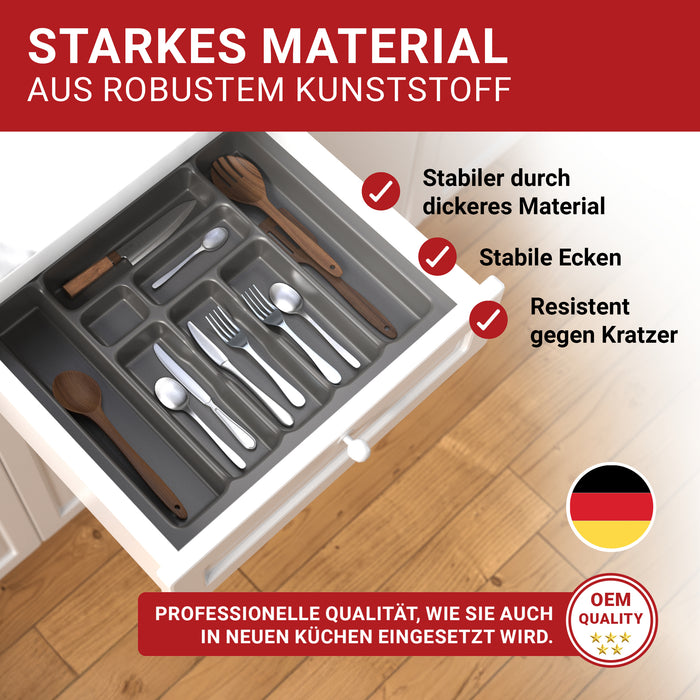 LouMaxx Besteckeinsatz für 60cm breite Schubladen - Besteckkasten 50x60 Made in Germany, basaltgrau mit 8 Fächern und stabilen Ecken - bruchfest & langlebig
