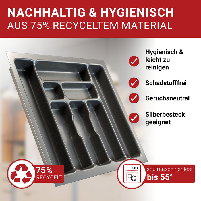 LouMaxx Besteckeinsatz für 60cm breite Schubladen - Besteckkasten 50x60 Made in Germany, basaltgrau mit 8 Fächern und stabilen Ecken - bruchfest & langlebig