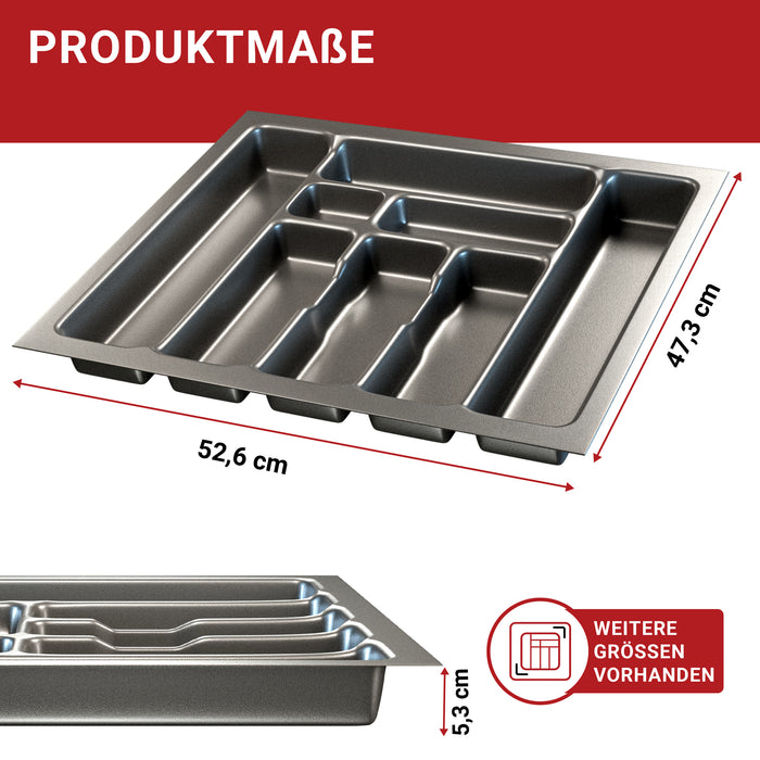 LouMaxx Besteckeinsatz für 60cm breite Schubladen - Besteckkasten 50x60 Made in Germany, basaltgrau mit 8 Fächern und stabilen Ecken - bruchfest & langlebig