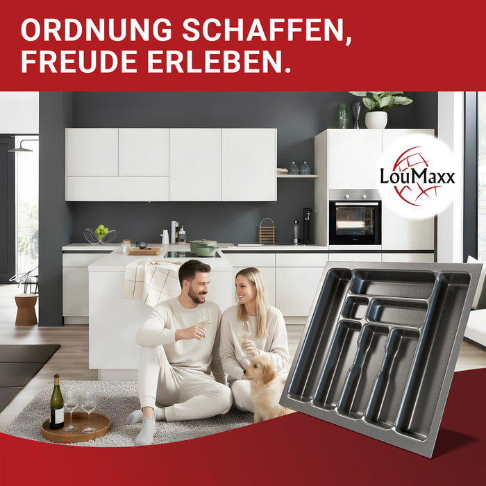 LouMaxx Besteckeinsatz für 60cm breite Schubladen - Besteckkasten 50x60 Made in Germany, basaltgrau mit 8 Fächern und stabilen Ecken - bruchfest & langlebig