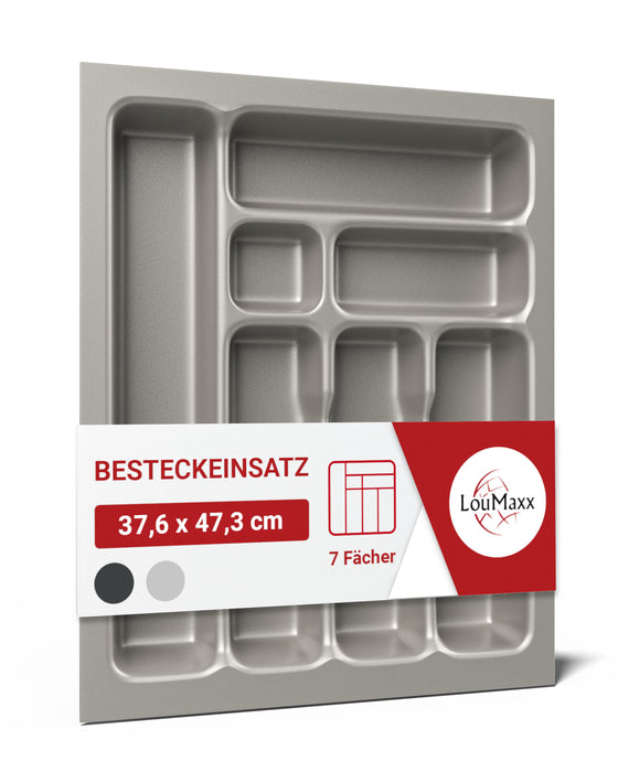LouMaxx Besteckeinsatz für 45cm breite Schubladen - Besteckkasten 50x45 Made in Germany, silbergrau mit 7 Fächern und stabilen Ecken - bruchfest & langlebig