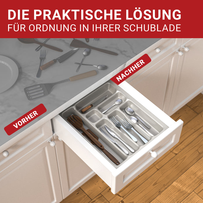 LouMaxx Besteckeinsatz für 45cm breite Schubladen - Besteckkasten 50x45 Made in Germany, silbergrau mit 7 Fächern und stabilen Ecken - bruchfest & langlebig