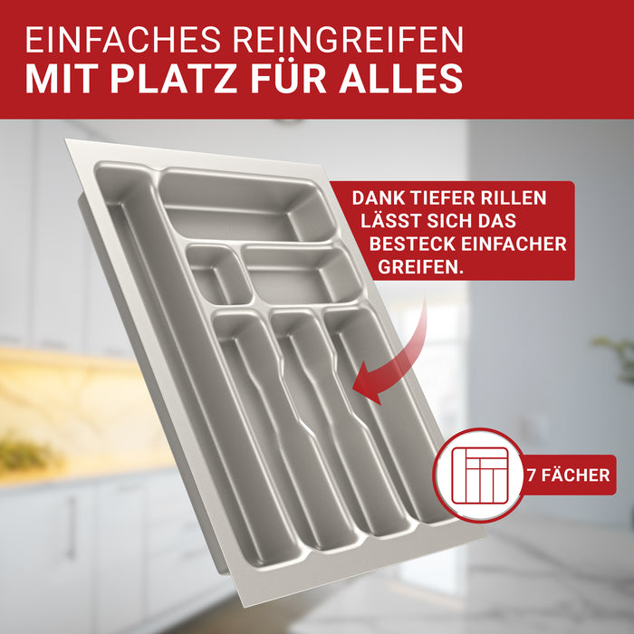 LouMaxx Besteckeinsatz für 45cm breite Schubladen - Besteckkasten 50x45 Made in Germany, silbergrau mit 7 Fächern und stabilen Ecken - bruchfest & langlebig