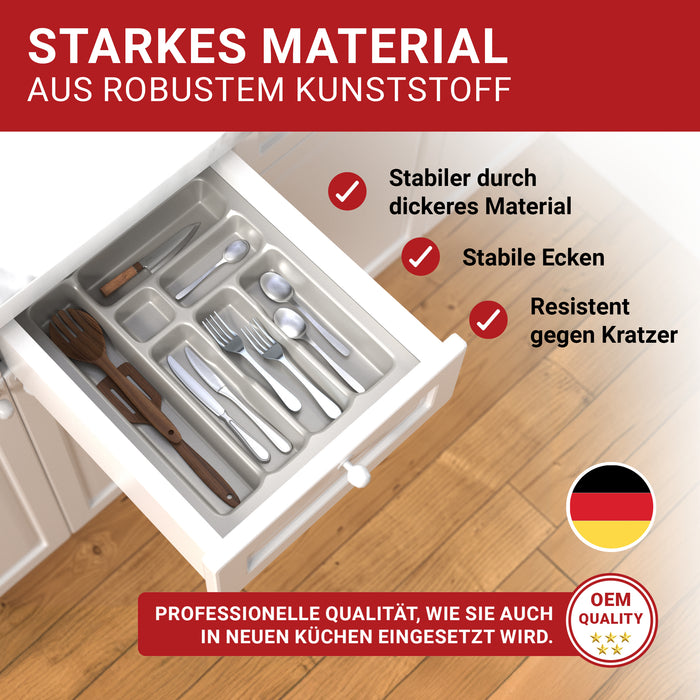 LouMaxx Besteckeinsatz für 45cm breite Schubladen - Besteckkasten 50x45 Made in Germany, silbergrau mit 7 Fächern und stabilen Ecken - bruchfest & langlebig